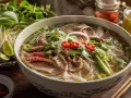 Aromatyczne pho bo z wołowiną, makaronem ryżowym, świeżymi ziołami, cebulą i papryczką chili. Obok miski kiełki, limonka i sos.