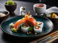 Wykwintne rolki sushi z łososiem, awokado i warzywami, podane z dodatkami do sushi: wasabi, imbirem i sosem.