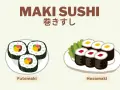 Dwa rodzaje sushi: grubsze futomaki z kolorowym nadzieniem i cieńsze hosomaki z czerwonym lub żółtym środkiem.