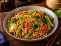 Pyszny makaron mien z warzywami: groszkiem cukrowym, papryką, pak choi i szczypiorkiem, posypany sezamem.