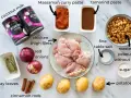 Składniki do pasty curry: mleczko kokosowe, pasta massaman, tamaryndowa, kurczak, ziemniaki, cebula, orzeszki, cukier, sól, liście laurowe, cynamon.