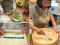 Przygotowanie sushi: ile ryżu na rolkę? Składniki: ryż, awokado, nori, ogórek. Kobieta miesza ryż w drewnianej misce.