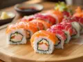Na talerzu sushi z łososiem i tuńczykiem. Czy w sushi jest surowa ryba? Tak, często, jak widać na zdjęciu.