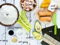 Wszystko do sushi: ryż, krewetki, łosoś, awokado, mango, serek śmietankowy, ogórek, nori, sos sojowy, ocet ryżowy i tempura.