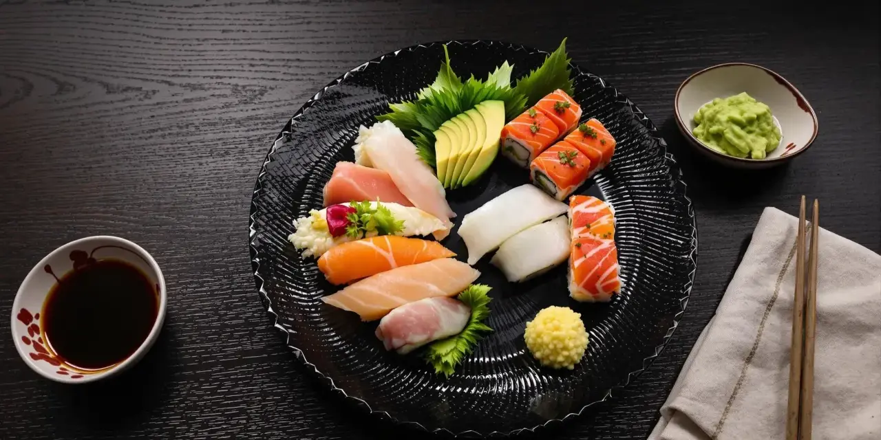 Talerz z różnorodnym sushi: nigiri z łososiem, tuńczykiem, kalmarem, rolki z łososiem, awokado. Obok sos sojowy, wasabi i pałeczki. Czy sushi się podgrzewa? Nie, to danie serwuje się na zimno.