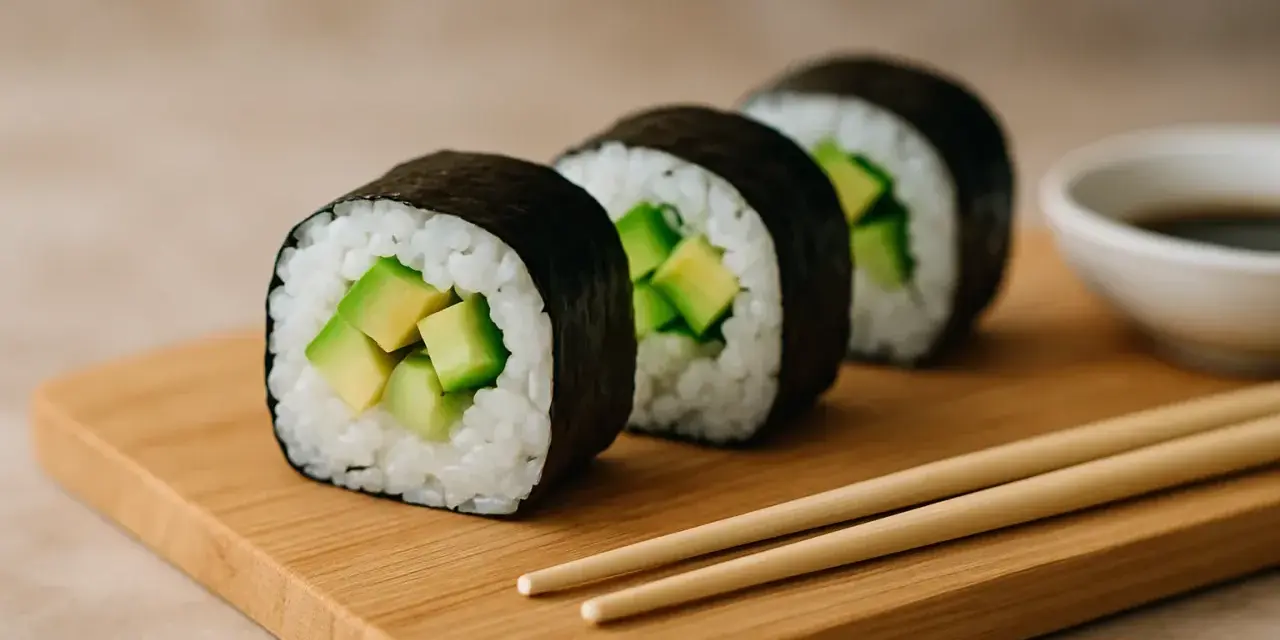 Trzy rolki sushi z awokado do sushi, ułożone na drewnianej desce, obok sosu sojowego i pałeczek.