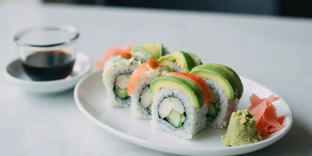 Uramaki california z awokado, krabem i ogórkiem, podane z wasabi i imbirem.