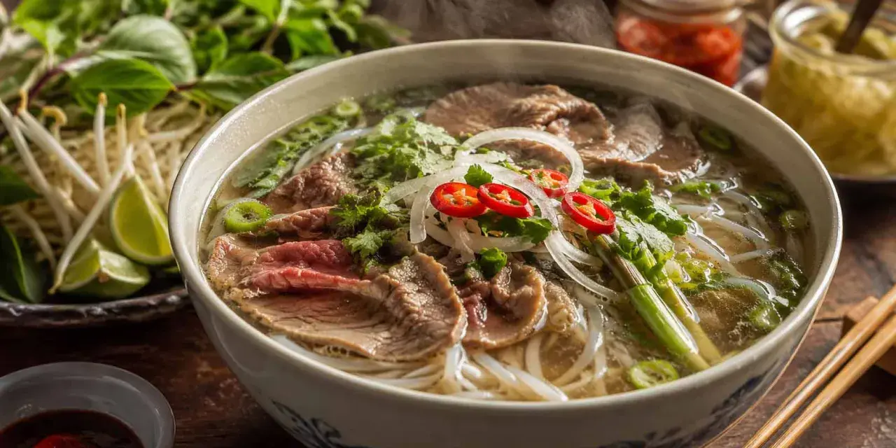 Aromatyczne pho bo z wołowiną, makaronem ryżowym, świeżymi ziołami, cebulą i papryczką chili. Obok miski kiełki, limonka i sos.