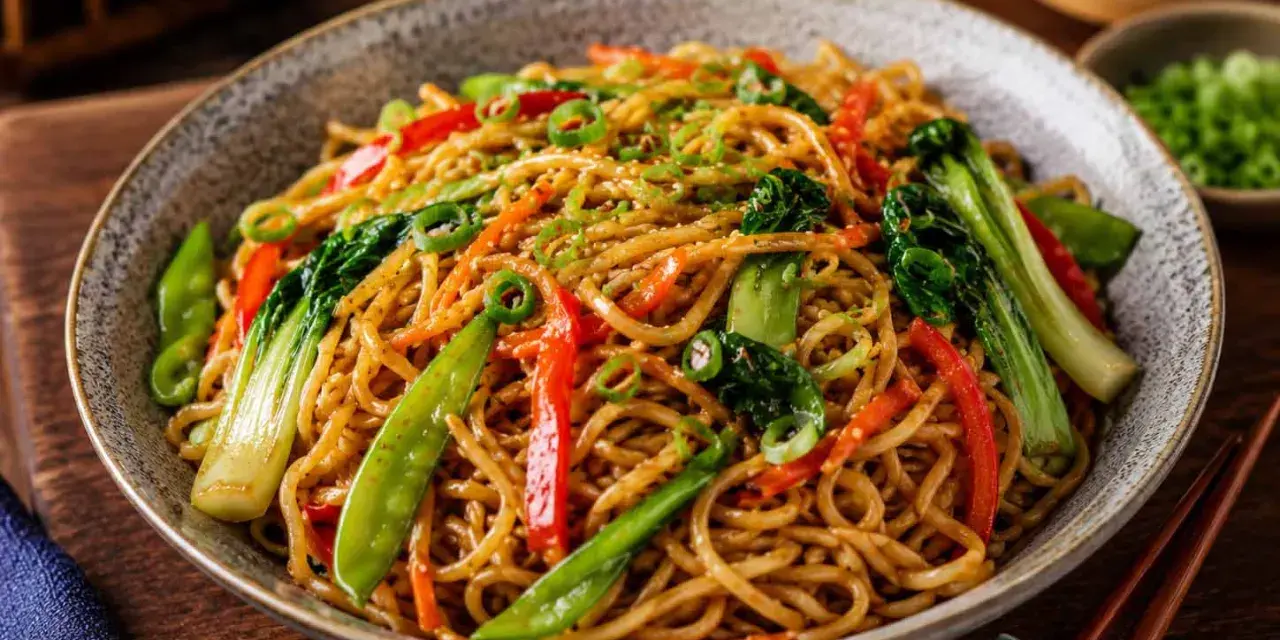 Pyszny makaron mien z warzywami: groszkiem cukrowym, papryką, pak choi i szczypiorkiem, posypany sezamem.