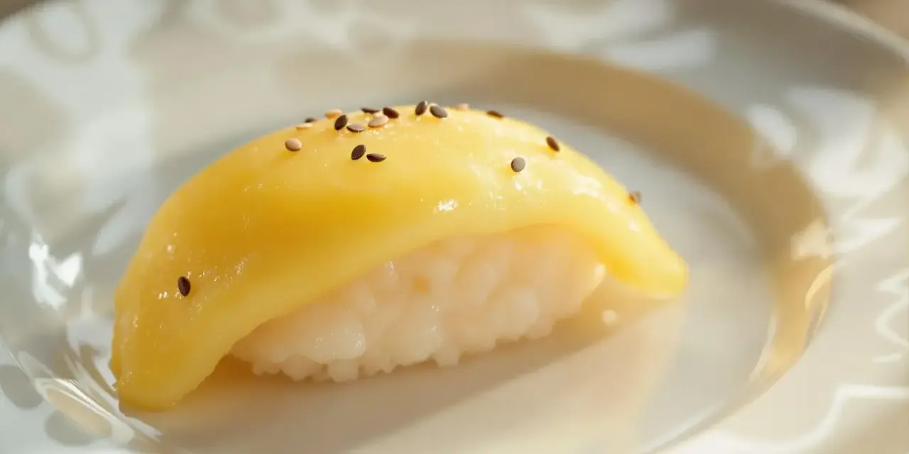 Tamago co to? Delikatne sushi z ryżem i żółtym omletem, posypane sezamem.