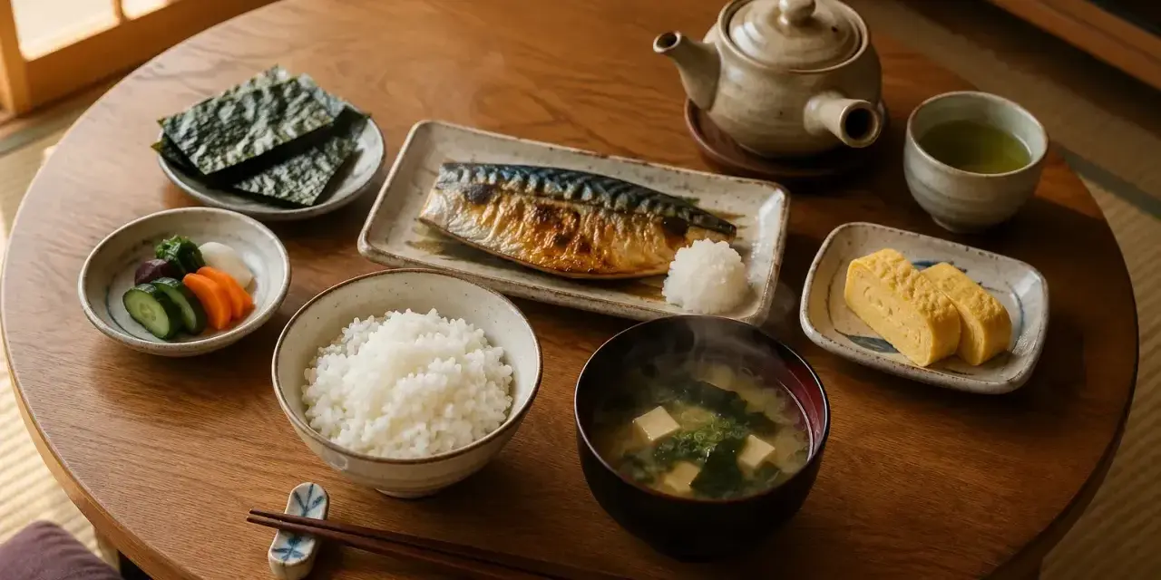 Tradycyjny japoński posiłek: ryż, grillowana makrela, tamagoyaki, marynowane warzywa, nori i aromatyczne zupy azjatyckie.