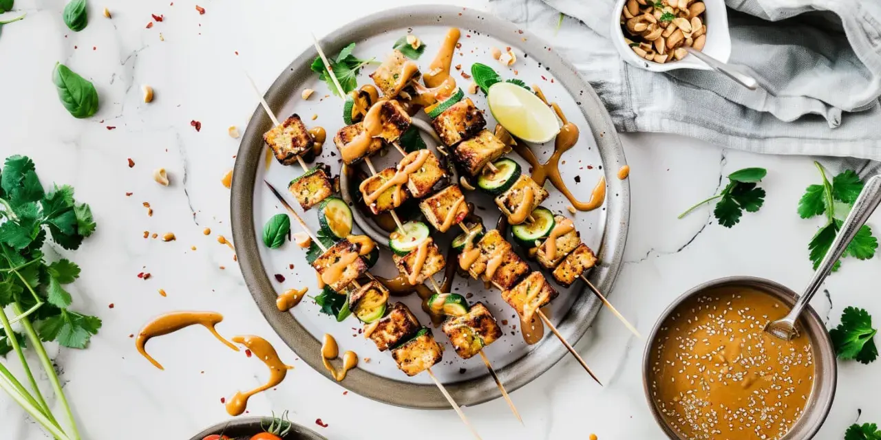 Pyszne szaszłyki z tofu satay, polane kremowym sosem orzechowym, z dodatkiem cukinii i limonki.