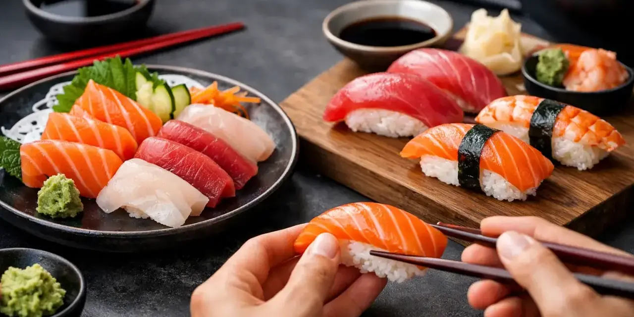 Różnorodne nigiri co to? Pyszne sushi z łososiem, tuńczykiem i krewetkami, podane z wasabi i sosem sojowym.