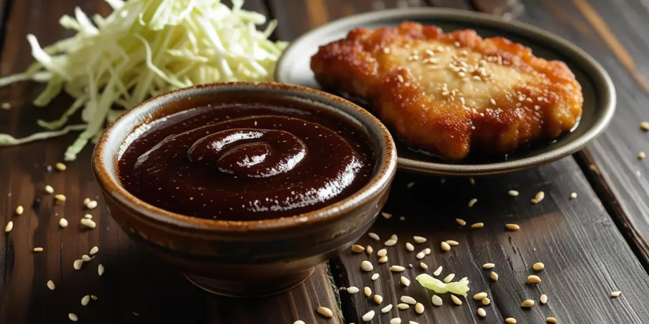 Gęsty, ciemny sos tonkatsu w miseczce, obok smażonego kotleta i poszatkowanej kapusty.