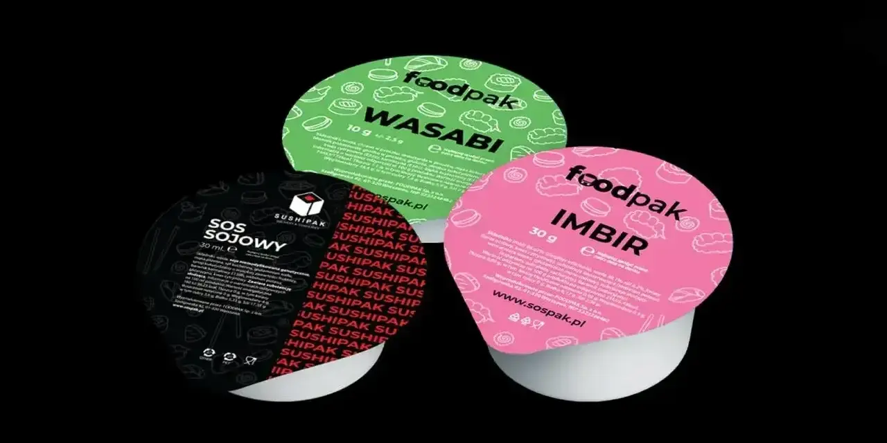 Trzy małe pojemniki z dodatkami do sushi: zielony z wasabi, różowy z imbirem i czarny z sosem sojowym.