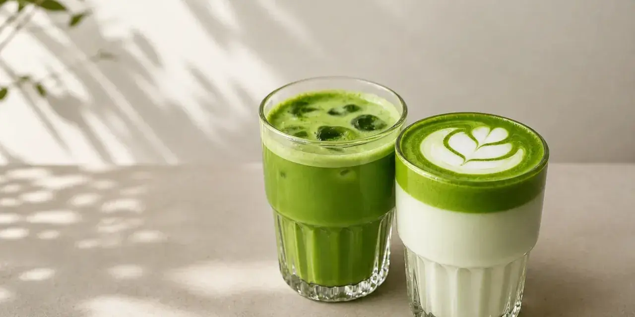 Dwa orzeźwiające napoje: zielone matcha latte z pianką i lodowe matcha. Idealne na upalne dni.