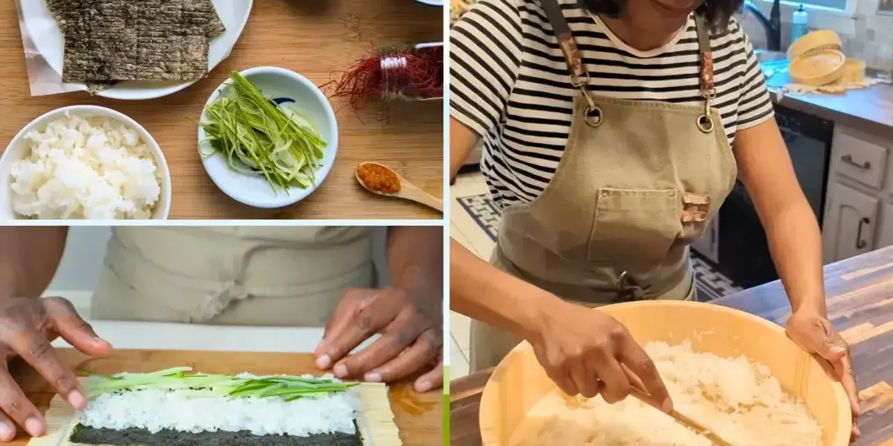 Przygotowanie sushi: ile ryżu na rolkę? Składniki: ryż, awokado, nori, ogórek. Kobieta miesza ryż w drewnianej misce.