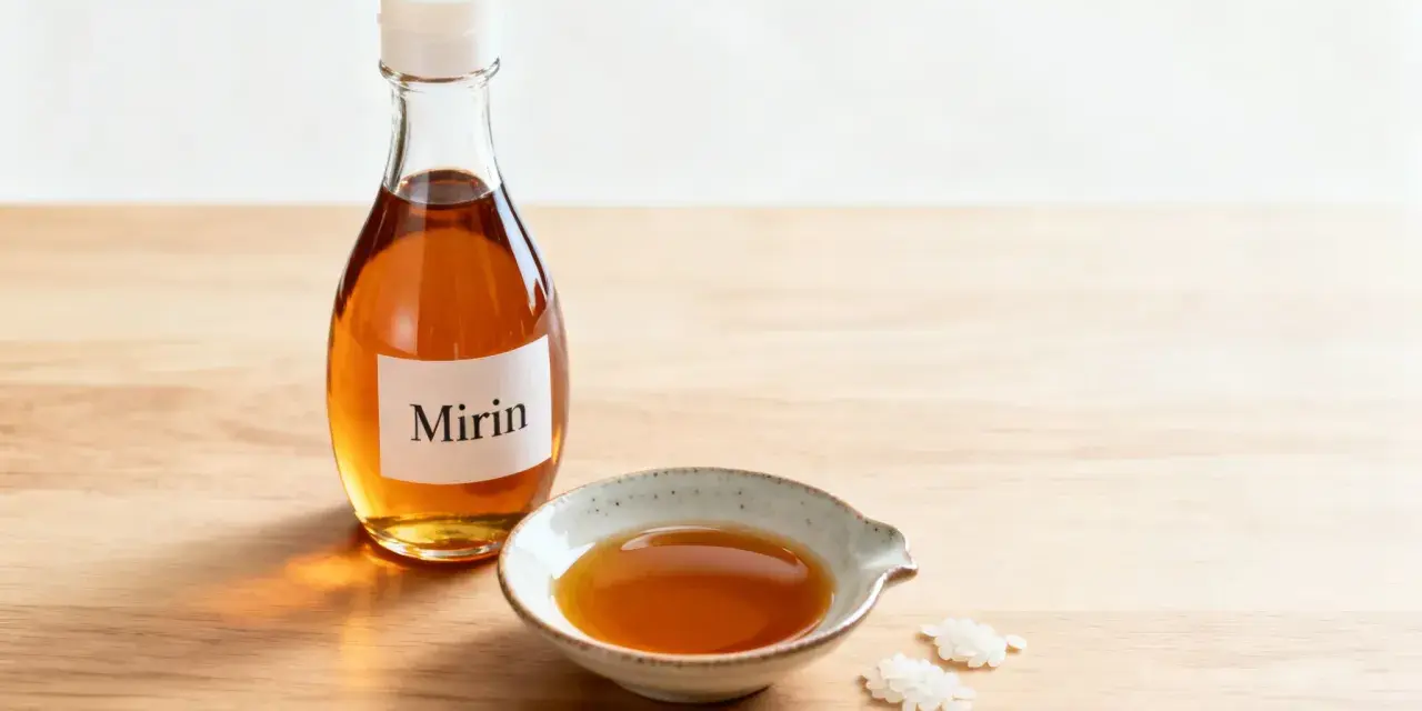 Butelka z etykietą "Mirin" i miseczka z bursztynowym płynem. To właśnie mirin, słodkie japońskie wino ryżowe, klucz do smaku wielu dań.