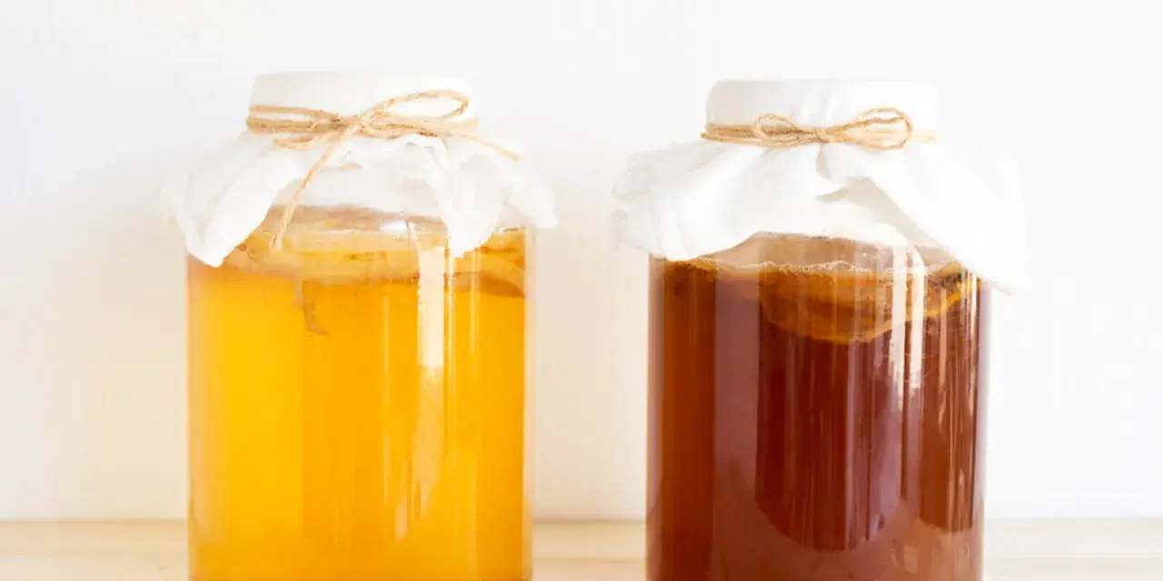 Dwa słoje z kombuchą, jeden jasnożółty, drugi ciemnobrązowy. Zastanawiasz się nad kombucha szkodliwość?