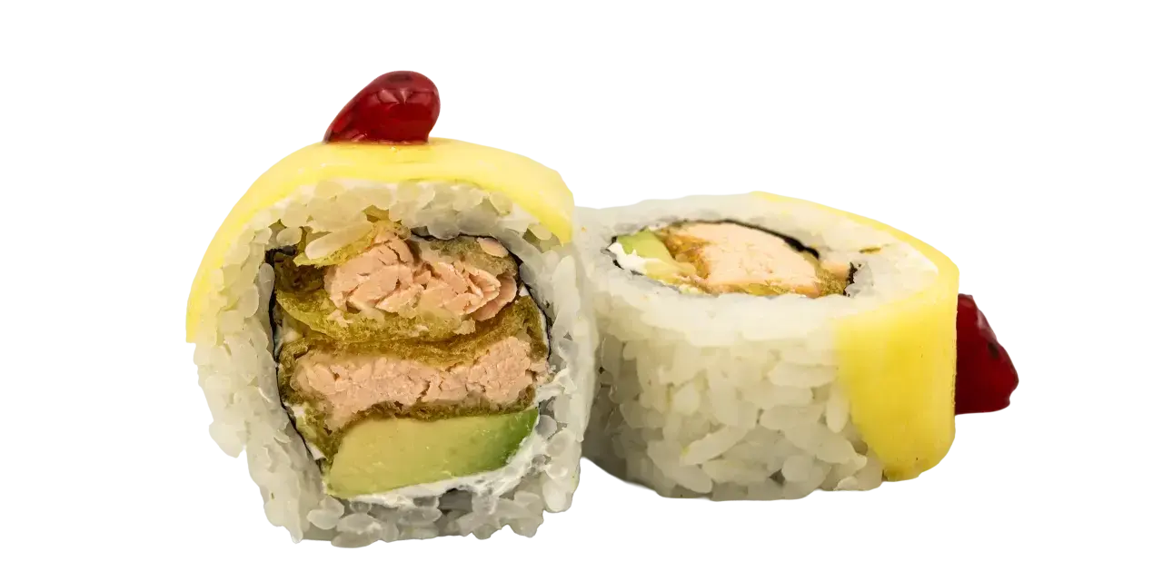 Rolka sushi z łososiem, awokado i żółtym serem. Idealne warzywa do sushi to świeże i chrupiące składniki.