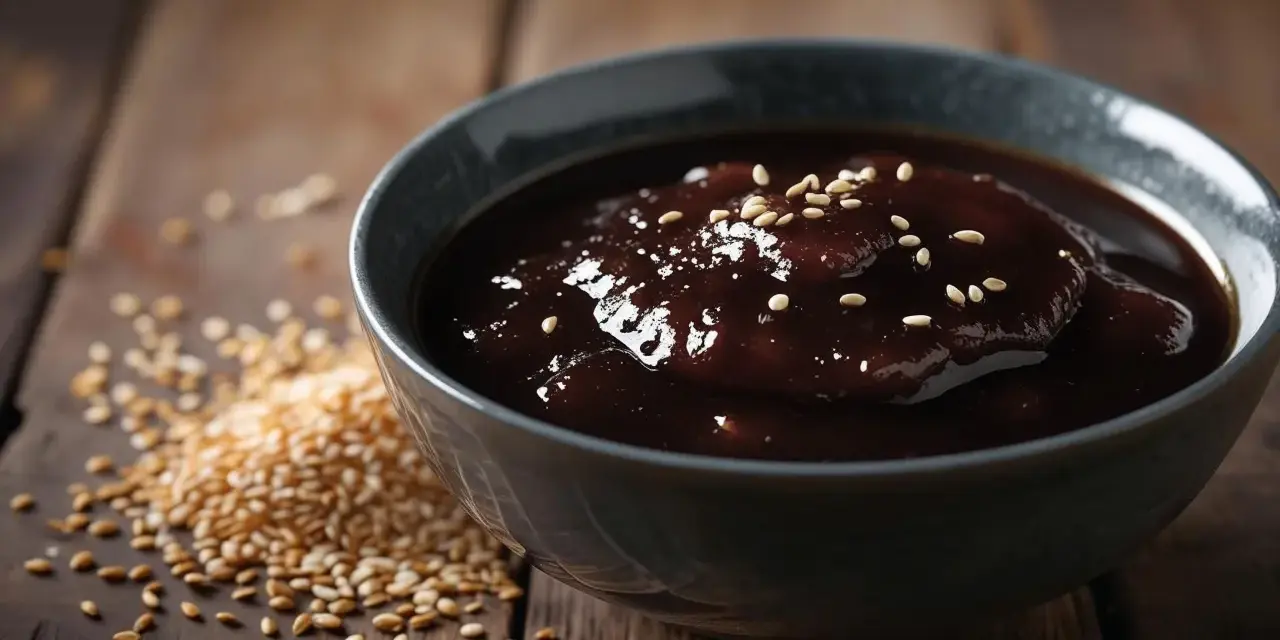 Gęsty, ciemny sos w misce, posypany sezamem. Obok garść ziaren sezamu. Idealny, gdy szukasz, czym zastąpić sos teriyaki.