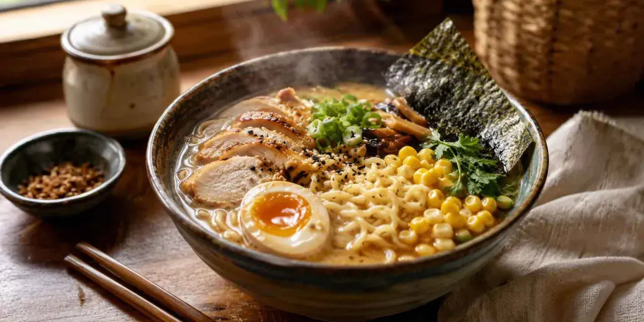 Pyszne, parujące ramen z kurczakiem, jajkiem i kukurydzą. Idealny przepis, jak zrobić ramen w domu.