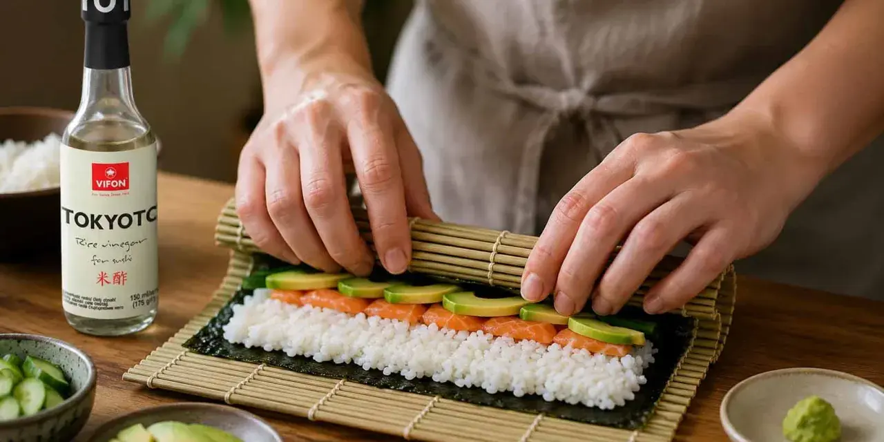 Ręce zwijają sushi z łososiem i awokado. Obok butelka octu ryżowego do sushi.