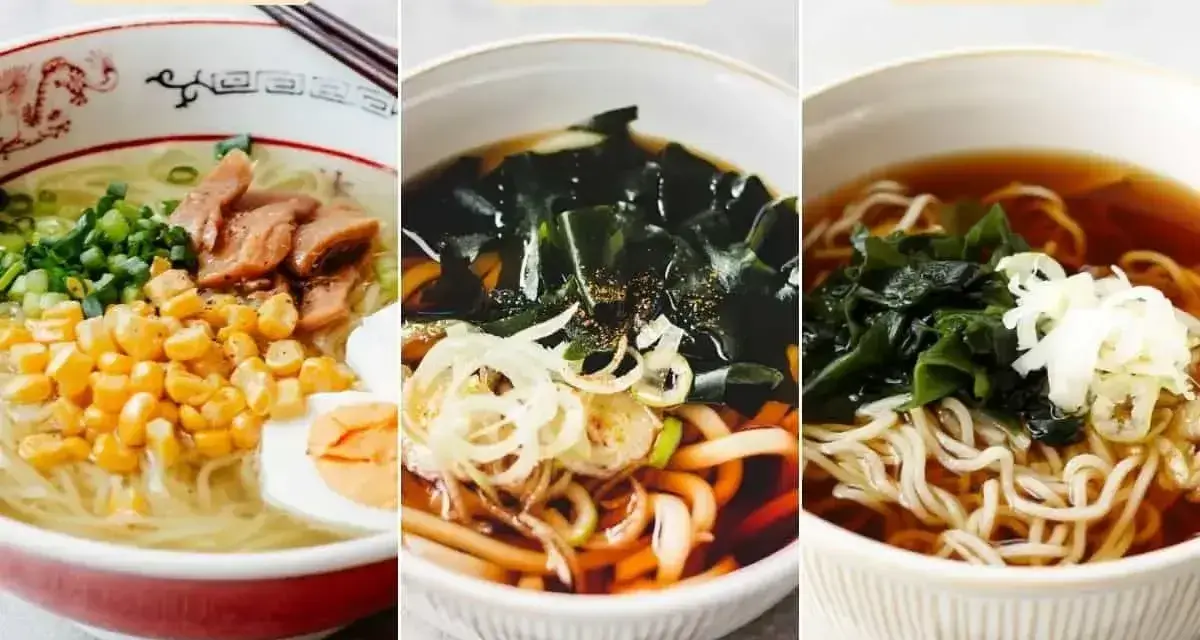 Trzy miski z japońskim makaronem: ramen z jajkiem i kukurydzą, udon z wodorostami i soba z zieloną cebulką.