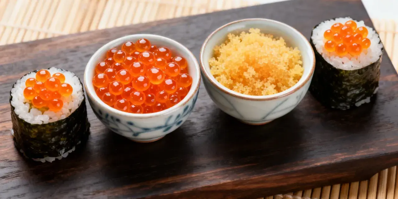 Dwa sushi rolki z pomarańczowym ikrą masago i miseczki z ikrą.