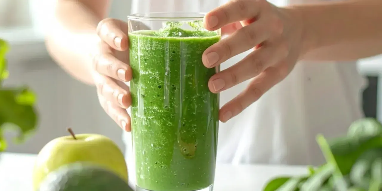 Zielony koktajl z awokado, kiwi i banana, gotowy do spożycia. Obok jabłko i świeży szpinak.