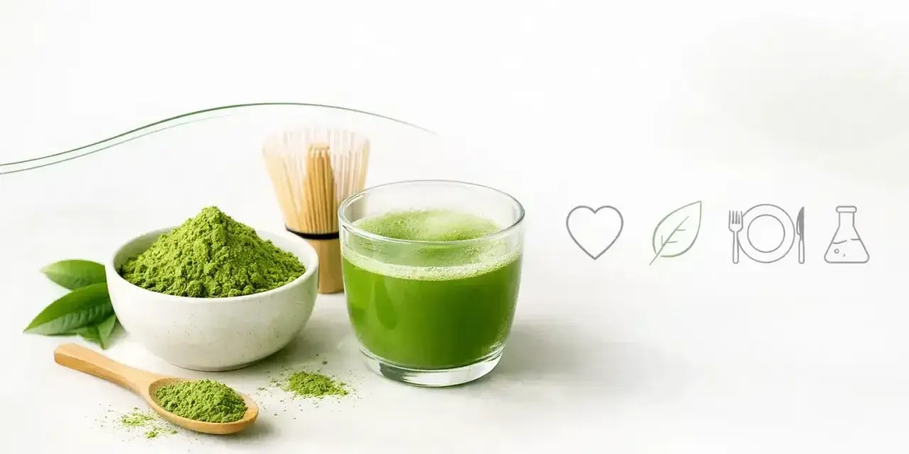 Zielone matcha w proszku i napój w szklance, bambusowa miotełka. Ile razy dziennie pić matcha dla zdrowia?
