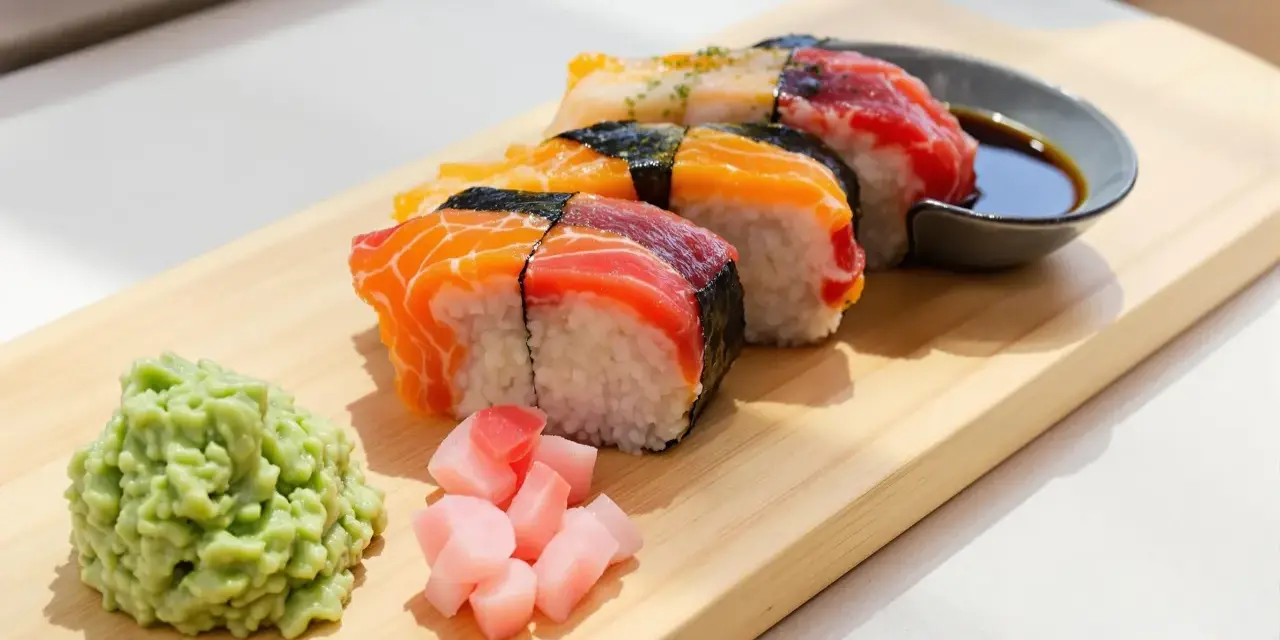 Kolorowe sushi z łososiem i tuńczykiem, podane z wasabi, marynowanym imbirem i sosem sojowym. Idealne sushi składniki na desce.