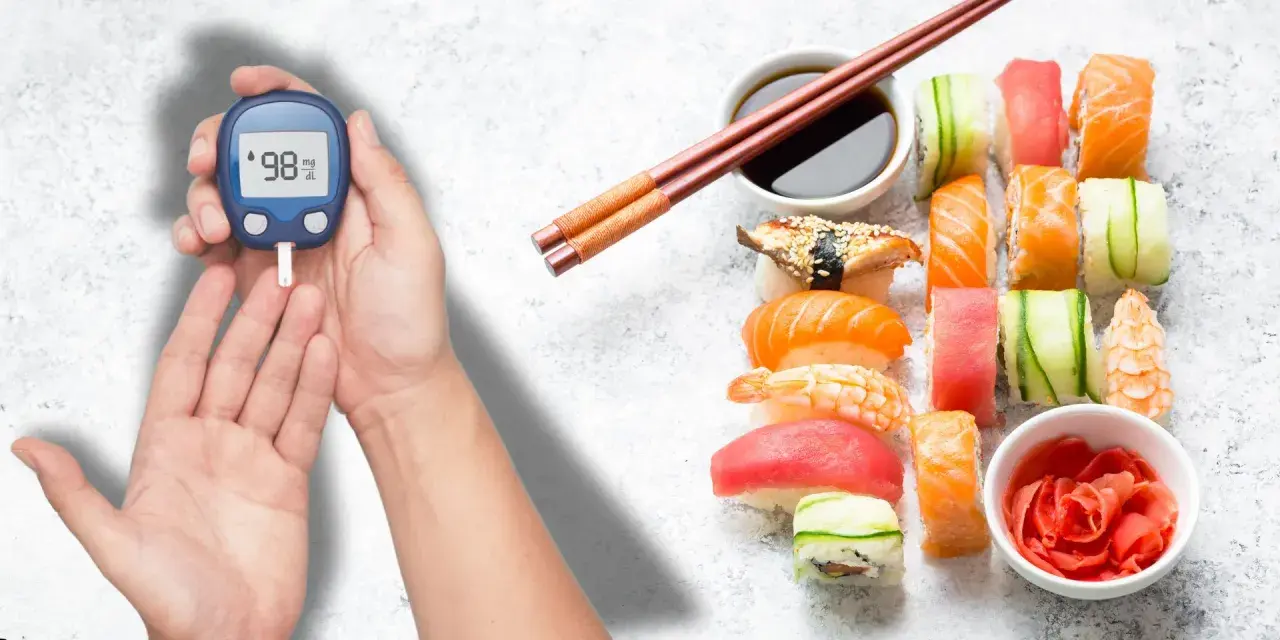 Ręka z glukometrem obok talerza sushi. Zastanawiasz się nad sushi indeks glikemiczny?