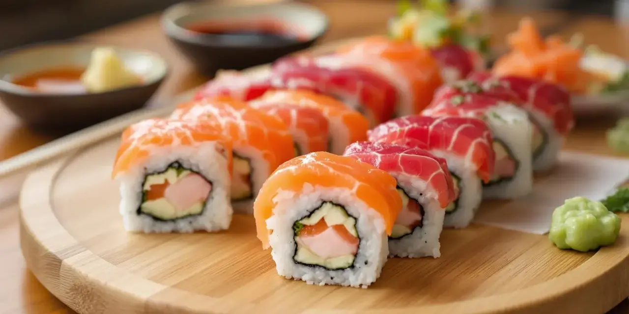 Na talerzu sushi z łososiem i tuńczykiem. Czy w sushi jest surowa ryba? Tak, często, jak widać na zdjęciu.