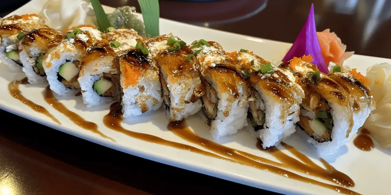 Pyszne sushi z awokado i sosem teriyaki. Zastanawiasz się, ile sushi może stac w lodowce? Najlepiej zjeść je od razu!