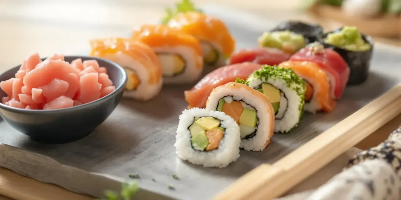 Różnorodne sushi z łososiem i awokado, obok miseczka z różowym, imbir marynowany.