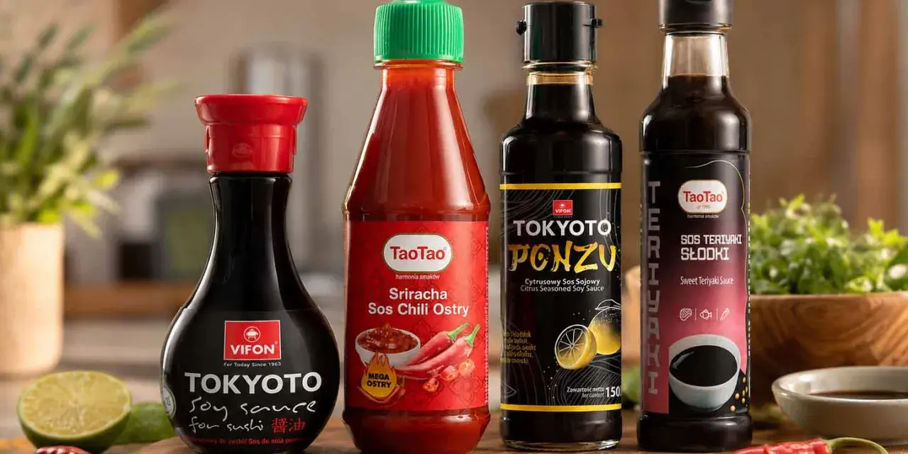 Na drewnianej desce stoją cztery butelki sosów: Vifon Tokyoto Soy Sauce, TaoTao Sriracha Sos Chili Ostry, Tokyoto Ponzu (cytrusowy sos sojowy) i TaoTao Sos Teriyaki Słodki. Obok leżą limonki i papryczki chili.