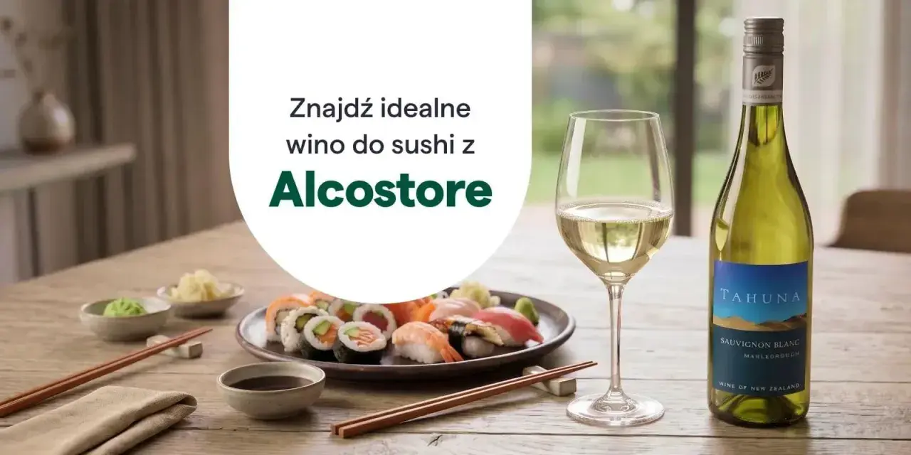 Idealne wino do sushi czeka! Zobacz, jakie wino do sushi poleca Alcostore, obok świeżego sushi i kieliszka białego wina.
