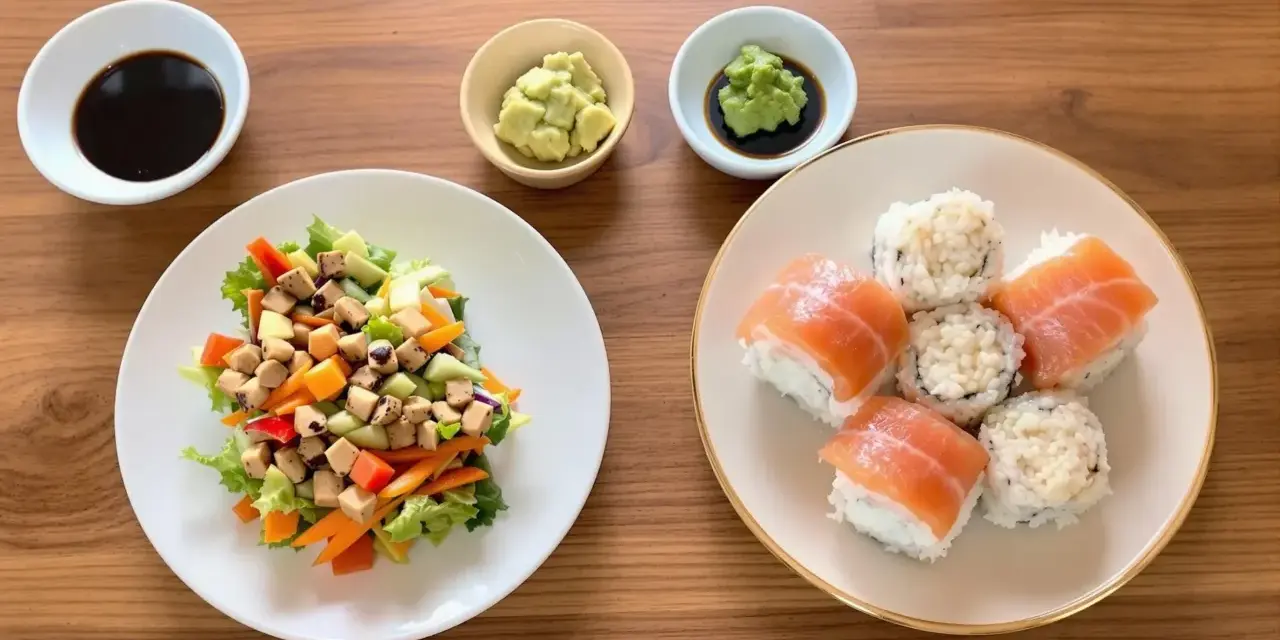 Na stole sushi z łososiem i sałatka z tofu. W miseczkach sos sojowy, wasabi i pasta. Zastanawiasz się, czym się różni kimbap od sushi?