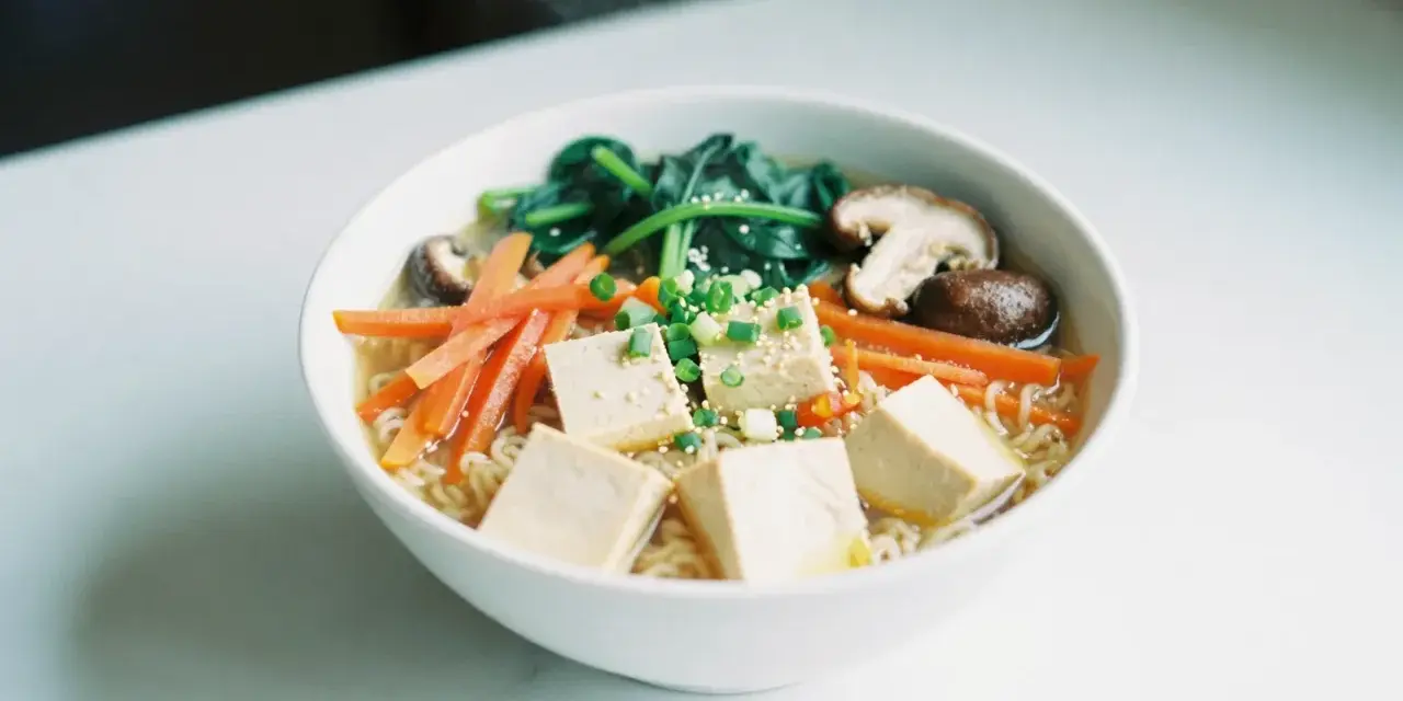 A miseczce ramenu z kostkami tofu, marchewką, szpinakiem i grzybami shiitake.