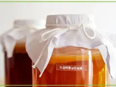 Dwa słoje z kombuchą, jedna z etykietą. Czy kombucha ma alkohol? To zależy od procesu fermentacji.
