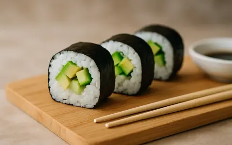 Trzy rolki sushi z awokado do sushi, ułożone na drewnianej desce, obok sosu sojowego i pałeczek.