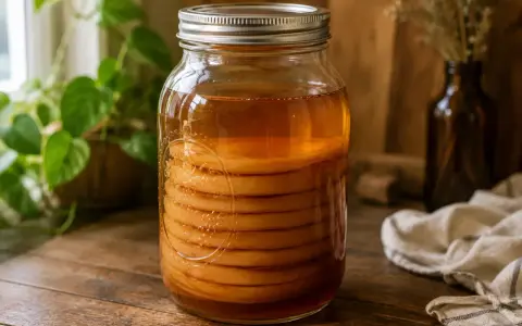 Słoik z warstwami grzybka japońskiego, gotowego do fermentacji. Obok zielona roślina i brązowa butelka.