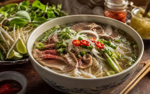 Aromatyczne pho bo z wołowiną, makaronem ryżowym, świeżymi ziołami, cebulą i papryczką chili. Obok miski kiełki, limonka i sos.