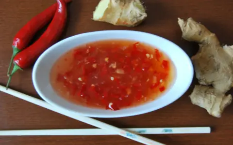 Ostry sos tao tao z kawałkami chili i imbirem, obok pałeczki i papryczki.