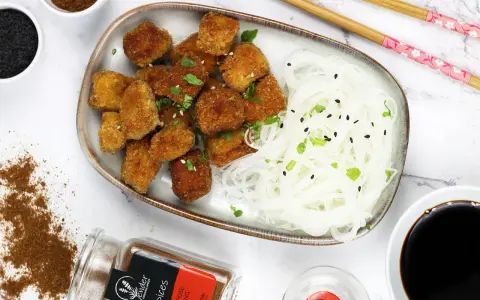 Chrupiące tofu w tempurze z makaronem ryżowym, posypane sezamem i szczypiorkiem. Obok sos sojowy i przyprawy.