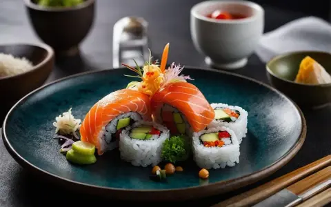 Wykwintne rolki sushi z łososiem, awokado i warzywami, podane z dodatkami do sushi: wasabi, imbirem i sosem.