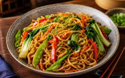 Pyszny makaron mien z warzywami: groszkiem cukrowym, papryką, pak choi i szczypiorkiem, posypany sezamem.