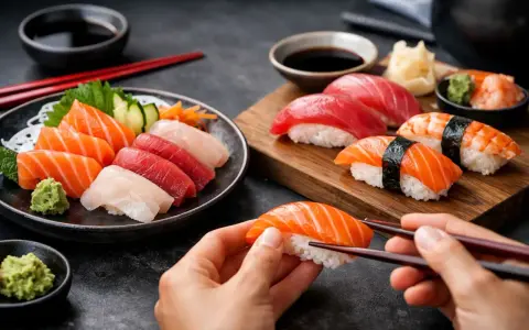 Różnorodne nigiri co to? Pyszne sushi z łososiem, tuńczykiem i krewetkami, podane z wasabi i sosem sojowym.