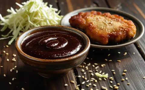 Gęsty, ciemny sos tonkatsu w miseczce, obok smażonego kotleta i poszatkowanej kapusty.